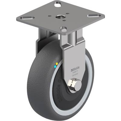 Een grijs stuur met een grijze metalen bevestiging, bestemd voor industriële toepassingen. Op de bevestiging staat 'Blickle made in Germany'.
