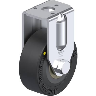 'Close-up van een draaibaar wiel met bevestiging, geschikt voor industriële toepassingen. Zwart wiel met zilveren metalen steun.'