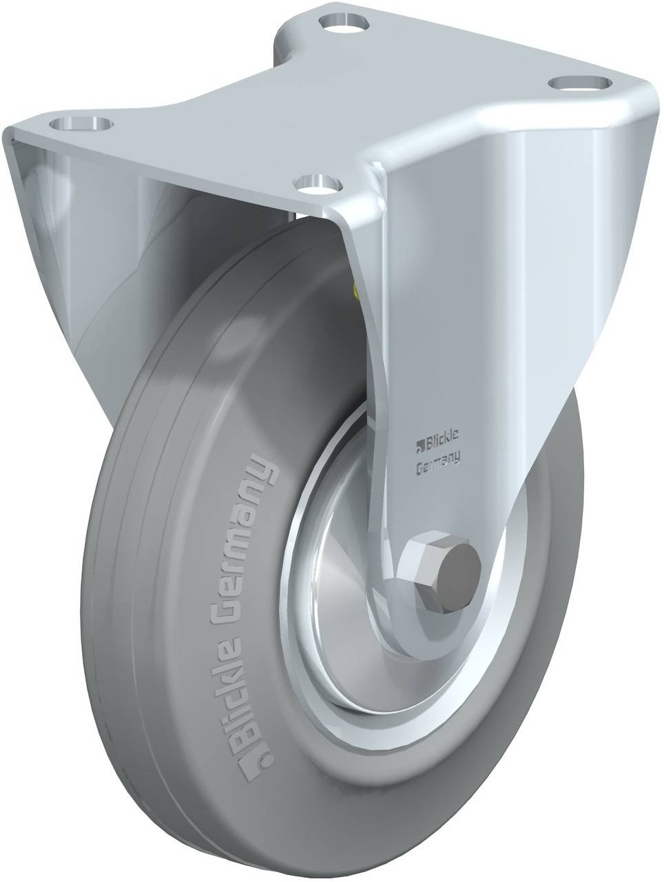 Industriële zwenkwiel met grijs wiel en zilveren houder, ideaal voor het voorkomen van sporen op vloeren. Geschikt voor zware lasten.