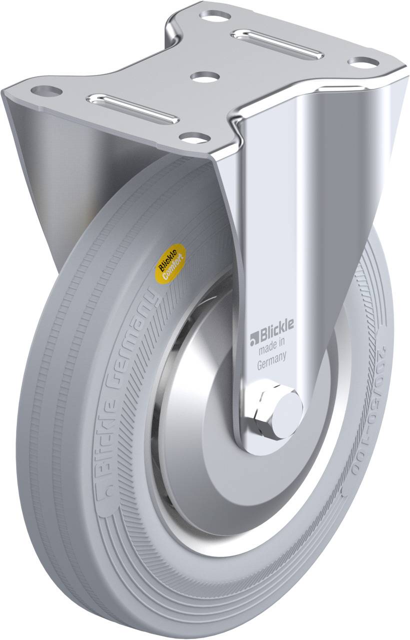 Zwenkwiel van metaal en rubber met bevestigingsplaat. Opschrift 'Blickle, made in Germany' en 'PAKREI 3. 120kg'.