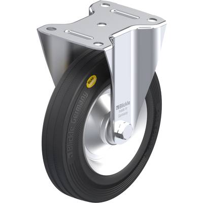 Zwenkwiel met zwart rubberen wiel en metalen bevestiging, gefotografeerd vanuit zijaanzicht. Opschrift 'Blickle made in Germany' op de band.