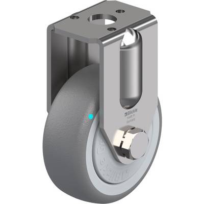'Zwenkwiel met grijs wiel en metalen behuizing. De rol is robuust geconstrueerd en beschikt over een bovenplaat met bevestigingsgaten.'