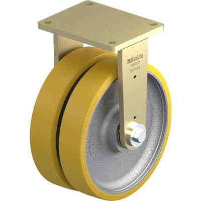Industrieel loopwiel met geel rubber en metalen bevestiging, geschikt voor zware lasten. Opschrift 'Blickle made in Germany'.