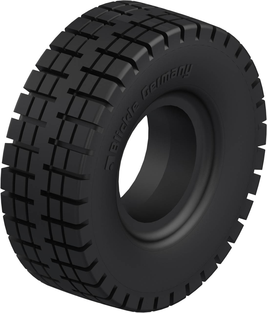 Een zwarte terreinband met profiel, geschikt voor off-road voertuigen. In de rubberen band is het opschrift 'Bridie Germany' ingeperst.