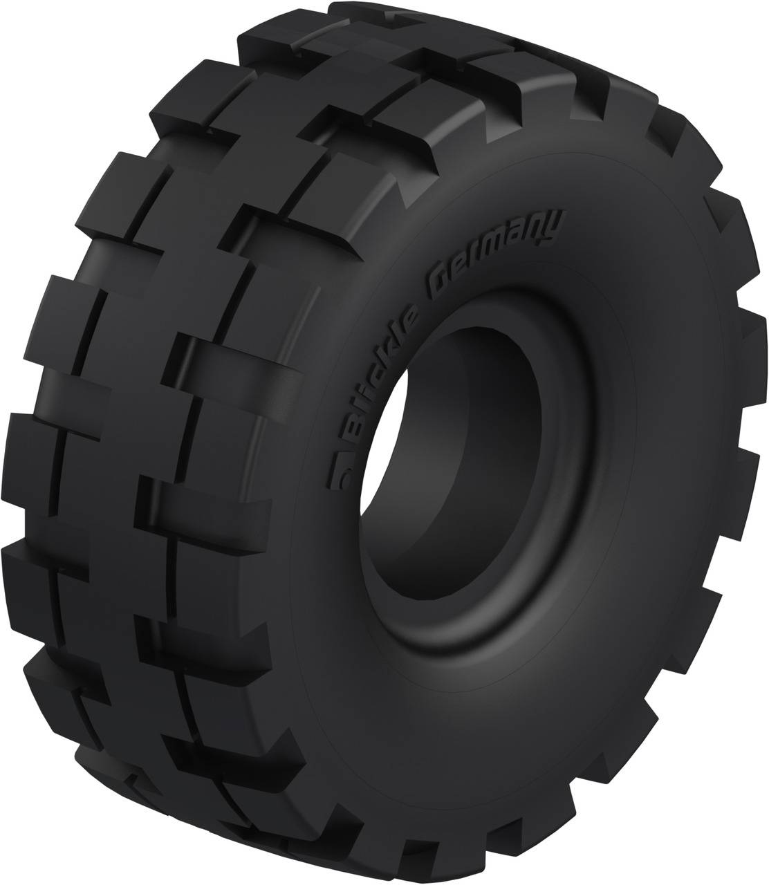 Een zwarte terreinband met grove profielstructuur voor robuuste off-road voertuigen, toont de fabrikantsnaam 'Bidde Germany'.