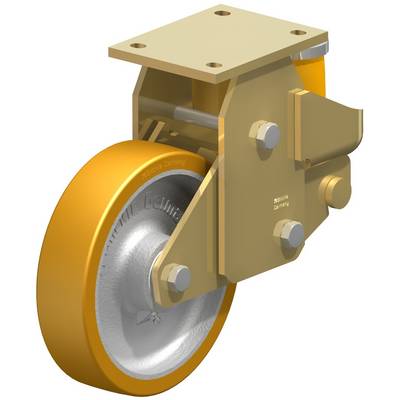 Een enkele gele zwaar belastbare zwenkwiel met zilveren velg, bevestigd op een robuuste, metalen steun.