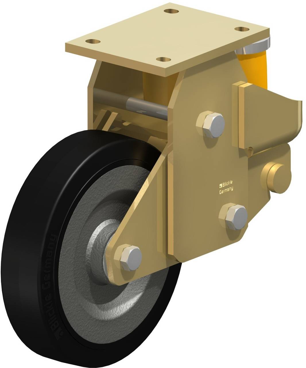 Industrieel wiel met metalen bevestiging en zwarte rubberen band, geschikt voor zware lasten en industriële toepassingen.