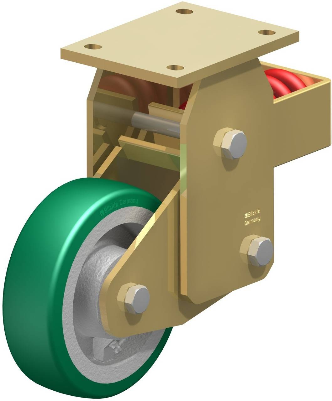 Metalen, draaibaar wiel met groene band, geschikt voor zware lasten. Bovenaan is een rechthoekige montageplaat zichtbaar.