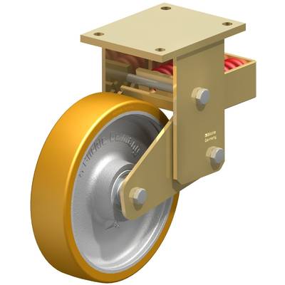Industrieel wiel van metaal met gele rubberen band en robuuste bevestiging. Geschikt voor zware lasten in industriële omgevingen.