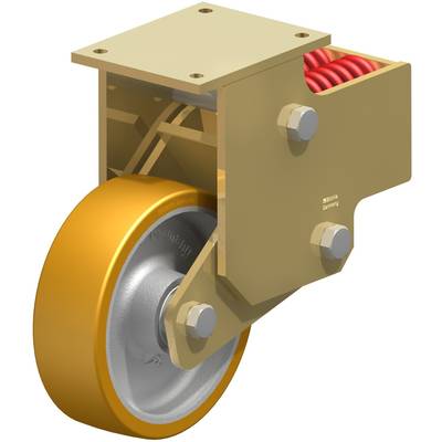 Een industrieel metalen wiel met een geveerde ophanging en een gele band, ontworpen voor zware lasten en schokdemping.