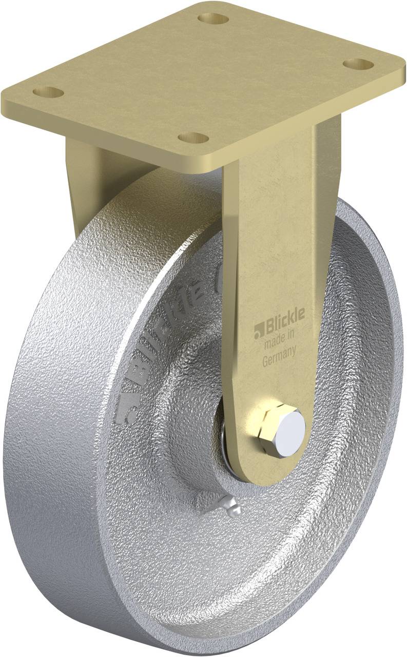 Industriewiel met bevestigingsplaat en gouden houder, waarop 'Blickle made in Germany' staat. Robuuste constructie voor zware lasten.