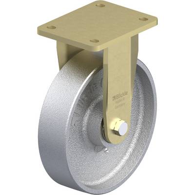Industriewiel met bevestigingsplaat en gouden houder, waarop 'Blickle made in Germany' staat. Robuuste constructie voor zware lasten.