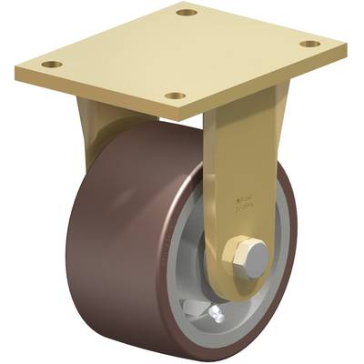 Zwenkwiel met bevestiging en bruin wiel, gebruikt voor de mobiliteit van meubels of apparatuur. Solide constructie met bevestigingsplaat.