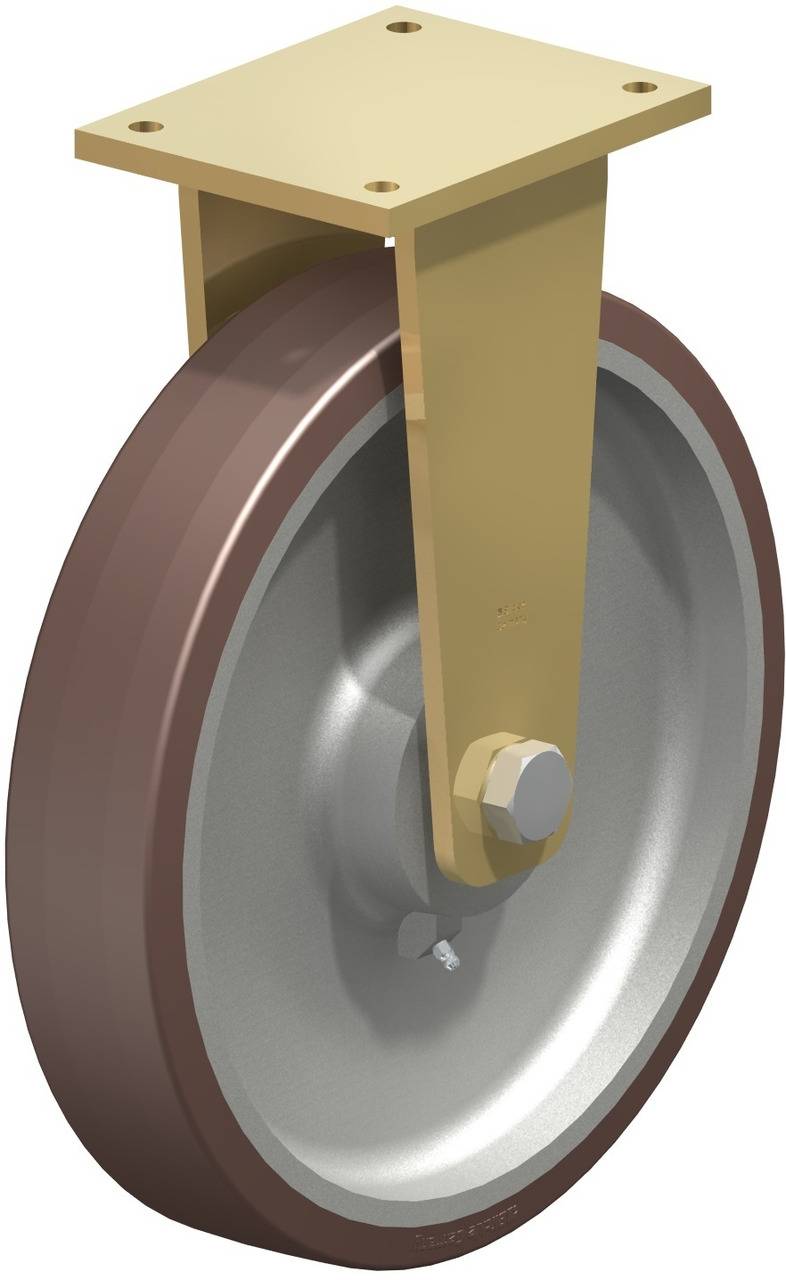 Het beeld toont een industrieel zwenkwiel met een metalen frame en rubberen banden. Het is geschikt voor zware lasten.