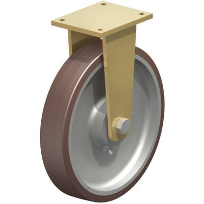 Het beeld toont een industrieel zwenkwiel met een metalen frame en rubberen banden. Het is geschikt voor zware lasten.