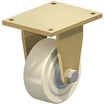 Een draaibaar wiel met gouden bevestiging en wit wiel; gebruikt voor het verplaatsen van meubels of apparaten.
