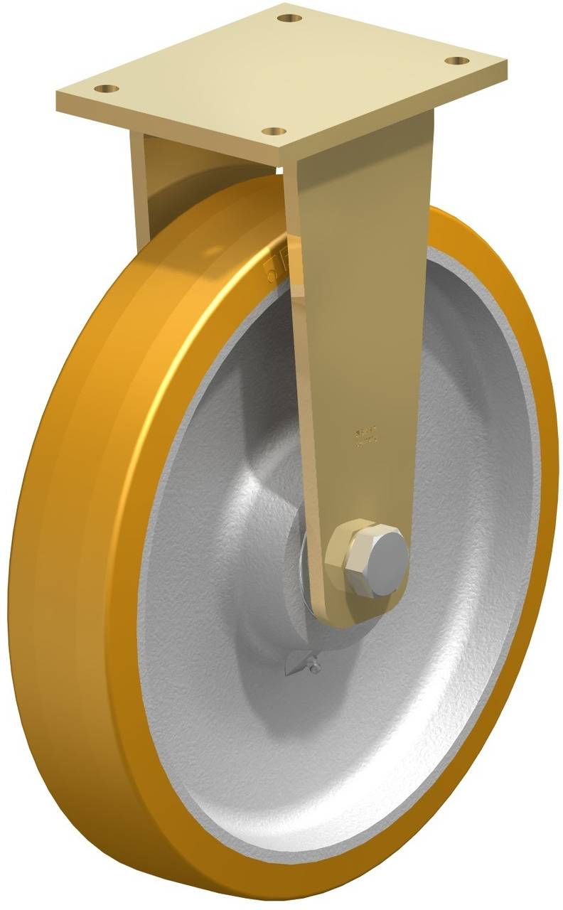 Zwenkbaar zwaar metalen dubbelwiel met gele band en montageplaat, geschikt voor industriële toepassingen.