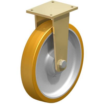 Zwenkbaar zwaar metalen dubbelwiel met gele band en montageplaat, geschikt voor industriële toepassingen.