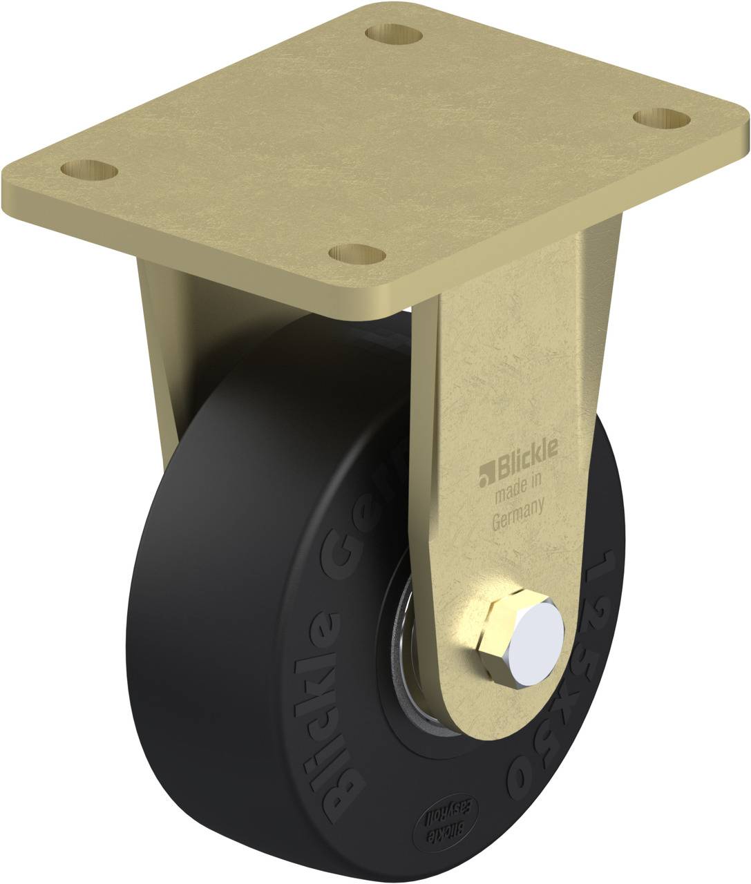 Zwenkwiel met zwart wiel en gouden montageplaat, geschikt voor zware lasten, opschrift 'Blickle made in Germany'.