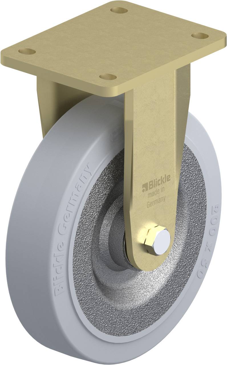 Industriële metalen rol, bevestigd aan een goudkleurige steun, met een grijs, robuust wiel, geschikt voor zware lasten.