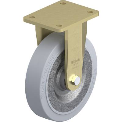 Industriële metalen rol, bevestigd aan een goudkleurige steun, met een grijs, robuust wiel, geschikt voor zware lasten.