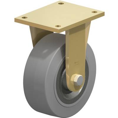 Zwenkwiel met grijs wiel en gele plaat, geschikt voor transportapparatuur of meubilair, toont stabiele constructie en bevestigingsgaten.
