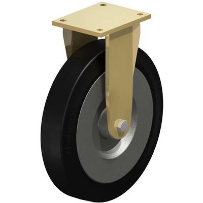 Een wiel met een zwarte band en een grijze velg, bevestigd aan een gele metalen beugel, mogelijk voor een rolwagen.