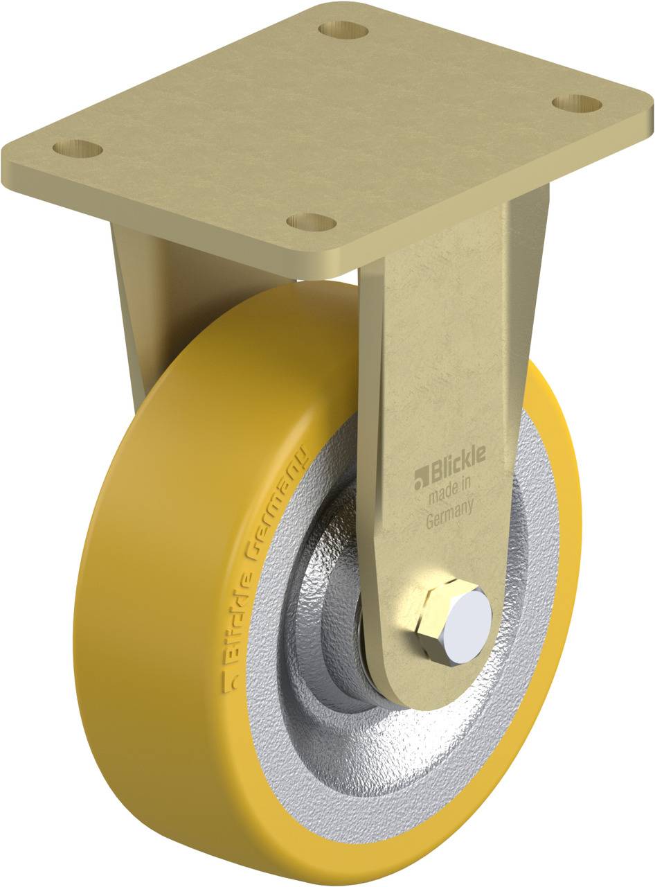 Een geel wiel op een metalen rol met een bevestigingsplaat. Het wiel heeft de tekst 'Blickle made in Germany'.