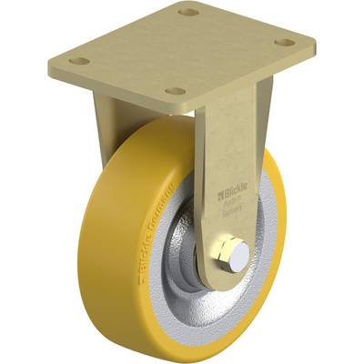 Een geel wiel op een metalen rol met een bevestigingsplaat. Het wiel heeft de tekst 'Blickle made in Germany'.