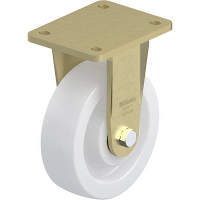 Zwenkwiel met wit wiel en gouden bevestiging. De bevestiging draagt het opschrift 'Blickle made in Germany'.
