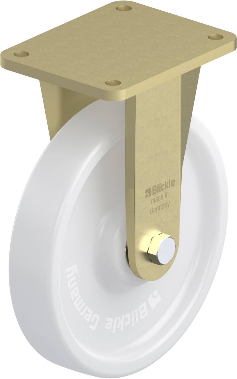 Wit rolwiel met gouden bevestiging, aan de zijkant voorzien van de tekst 'Blickle made in Germany'.