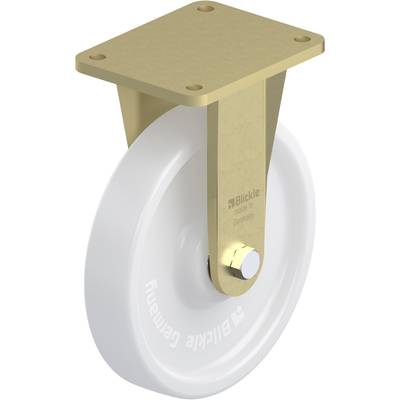 Wit rolwiel met gouden bevestiging, aan de zijkant voorzien van de tekst 'Blickle made in Germany'.