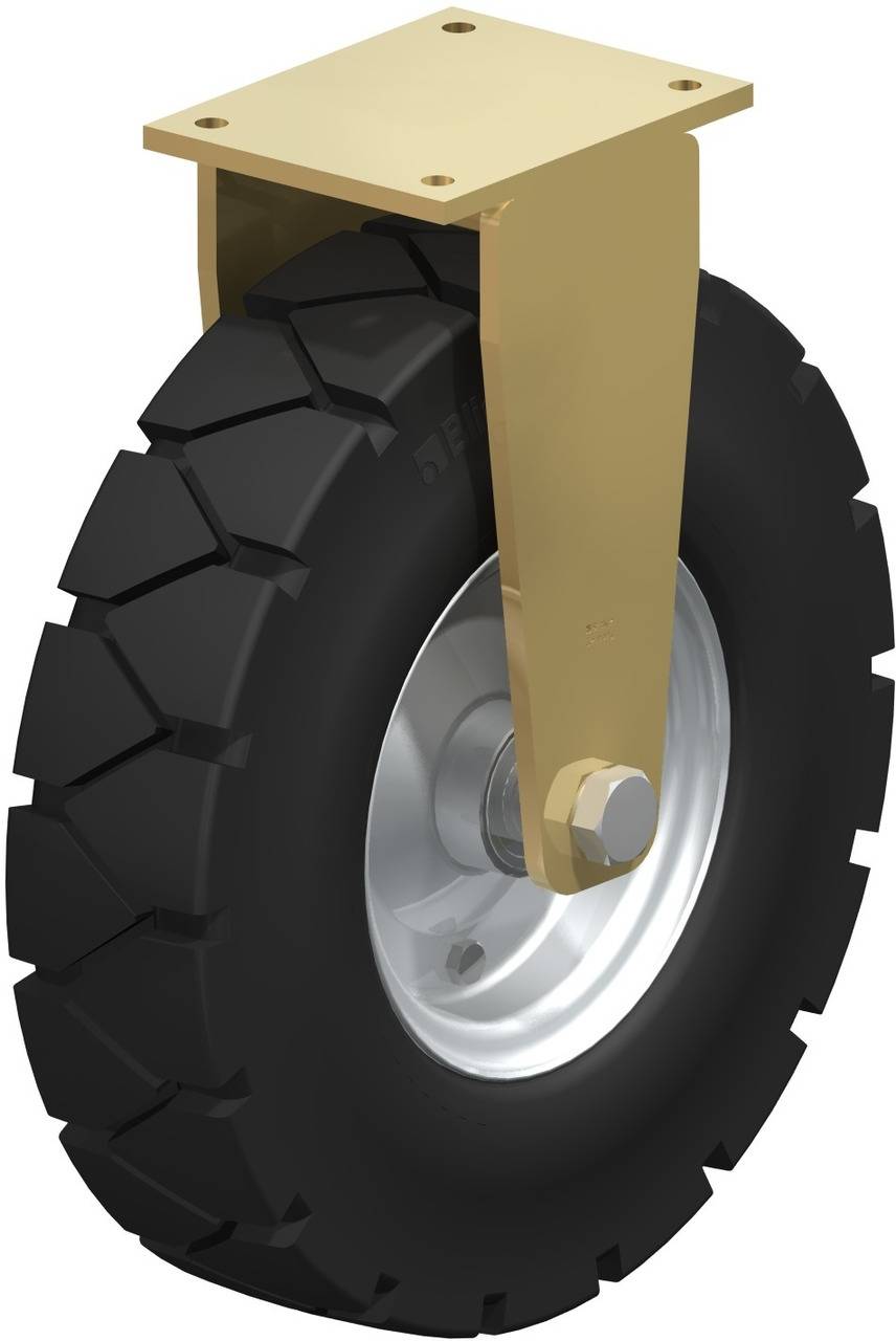 Zwart wiel met profiel, bevestigd aan een goudkleurige houder. Geschikt voor industriële transportmiddelen of machines.