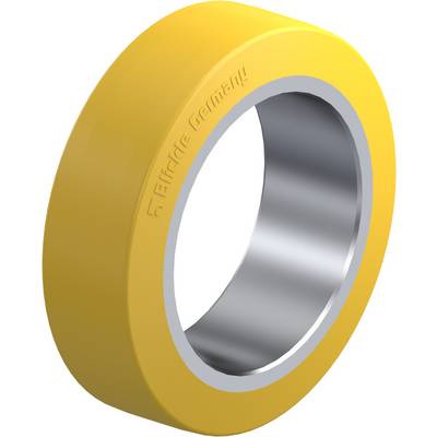 Een gele plastic ring met een binnenlaag van metaal. Op het oppervlak is de tekst 'FRIdel Germany' zichtbaar.