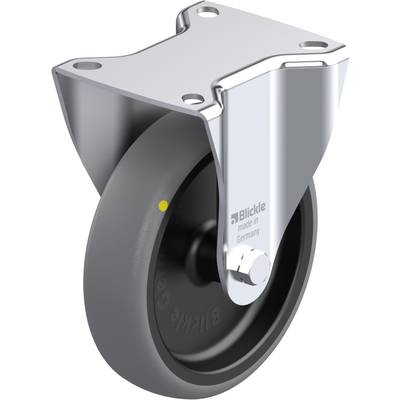Metalen wiel met zwart wiel en bevestigingsplaat, voor industriële toepassingen. Merknaam en herkomstland 'made in Germany'.