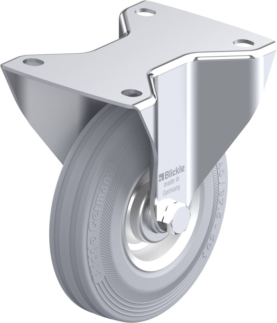 Zwenkwiel van metaal met een grijs wiel. Gemerkt met 'Blickle, made in Germany'. Geschikt voor transportkarren of meubilair.