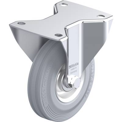 Zwenkwiel van metaal met een grijs wiel. Gemerkt met 'Blickle, made in Germany'. Geschikt voor transportkarren of meubilair.