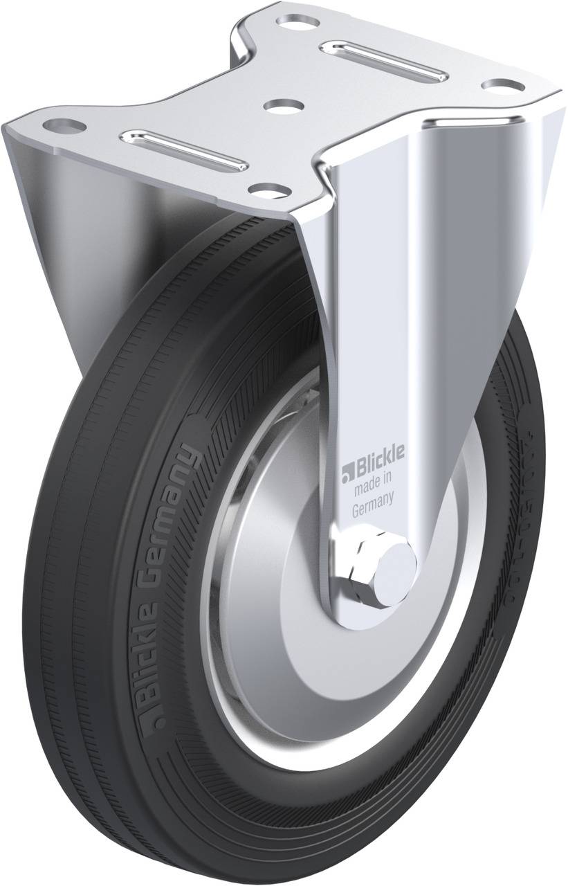 Zwenkwiel met grijze rubberen band en behuizing van zilver metaal, geschikt voor transportapparatuur.