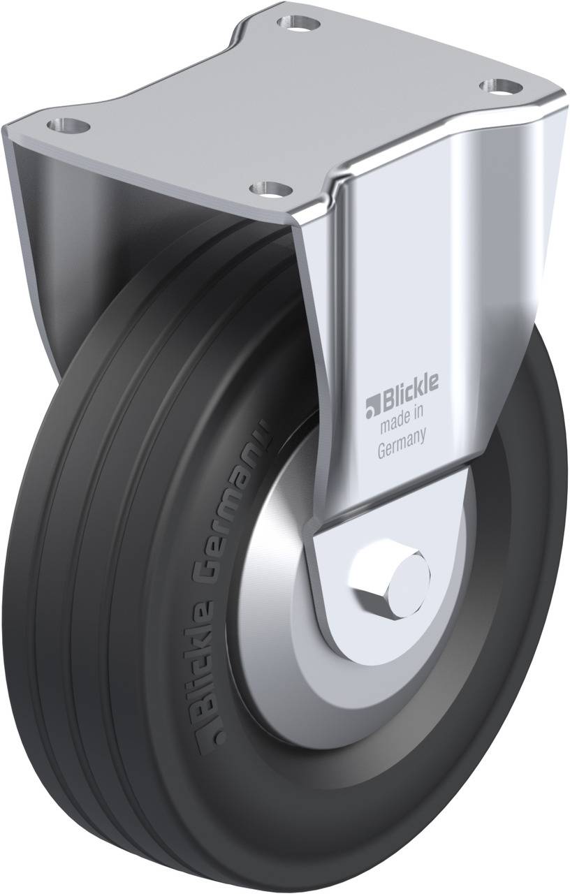 Metalen rol met zwart wiel en zilveren bevestiging. Opschrift 'Blickle made in Germany'. Geschikt voor industriële toepassingen.