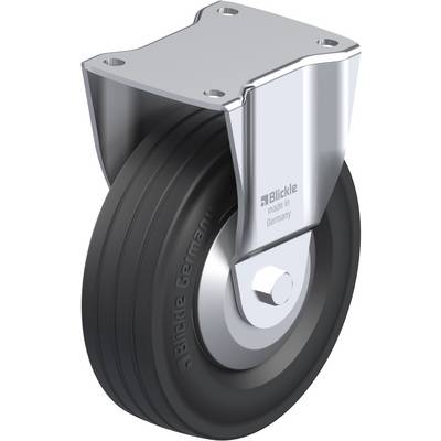 Metalen rol met zwart wiel en zilveren bevestiging. Opschrift 'Blickle made in Germany'. Geschikt voor industriële toepassingen.