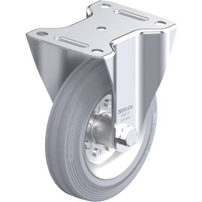 Grijs loopwiel met metalen bevestiging, geschikt voor zware lasten. Wiel met opschrift 'Blickle made in Germany'.