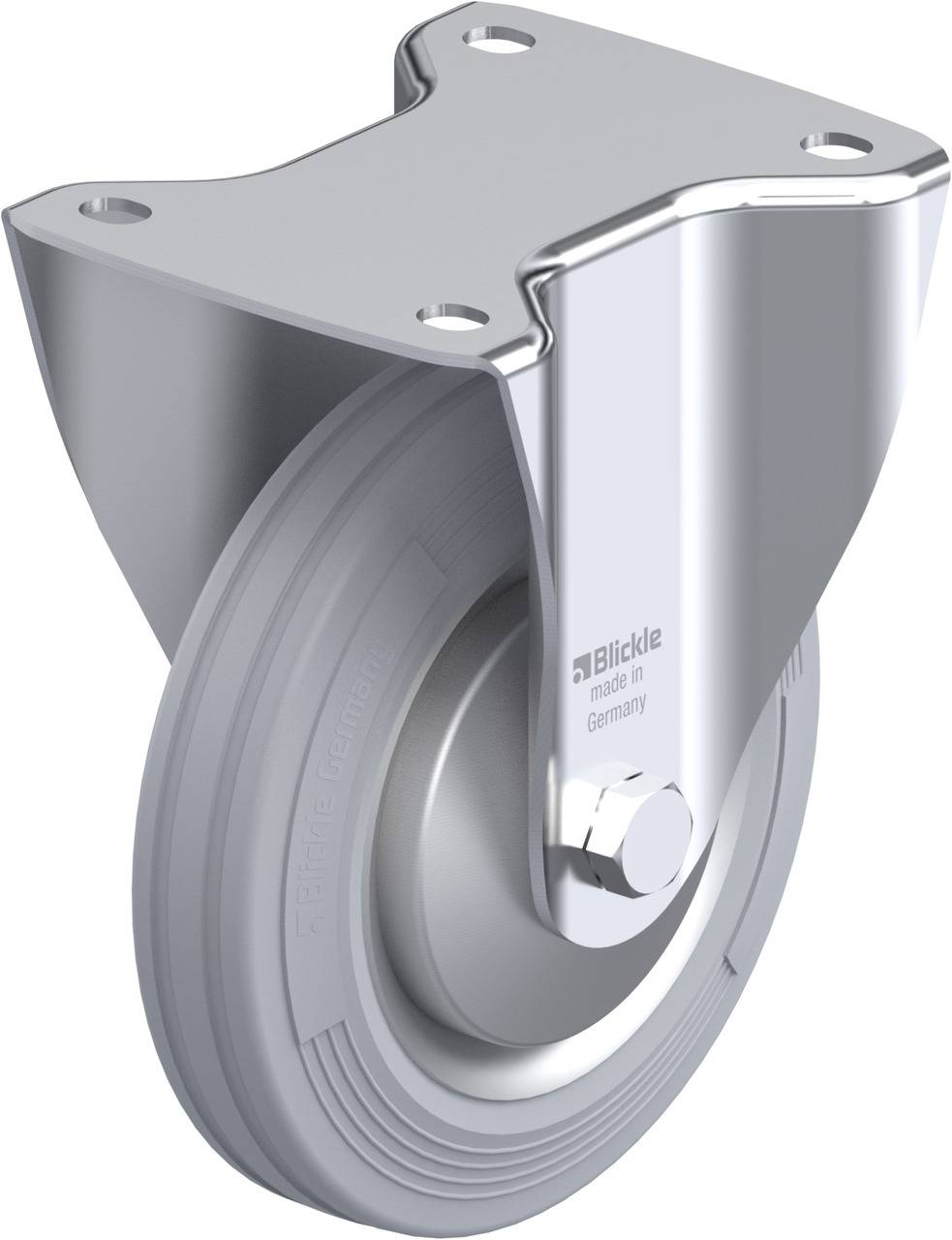 'Grijze zware stuurwiel met metalen bevestiging, geschikt voor industriële toepassingen. Opdruk: Blickle, made in Germany.'