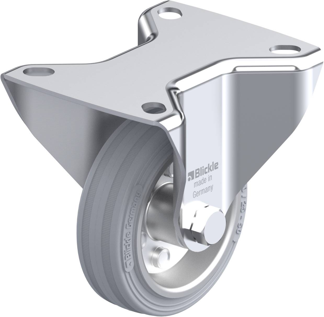 Zwenkwiel met grijs rubberen loopvlak en metalen behuizing, geschikt voor transportapparatuur.
