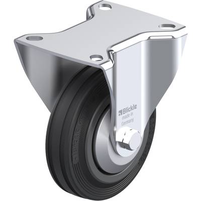 Een draaibaar transportwielrolletje van metaal met een zwarte rubberen band, met opschrift 'Blickle made in Germany' op de behuizing.