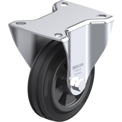 Zwenkwiel van metaal met zwart wiel, geschikt voor meubilair of industrieel gebruik, 'Blickle' opdruk zichtbaar.