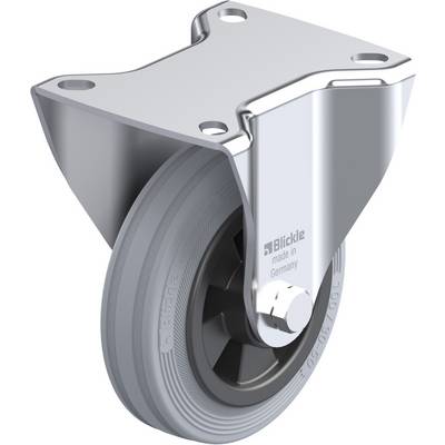 Metalen zwenkwiel met grijs rubberen loopvlak. Het wiel is voorzien van een bevestigingsinrichting voor meubels of apparaten.