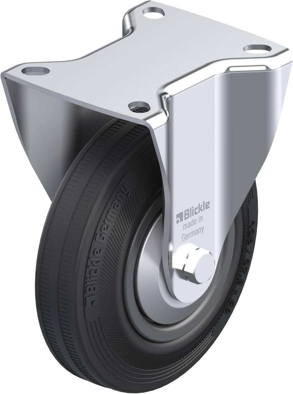 Metalen stuurwiel met zwart rubberen wiel, gemarkeerd 'Blickle made in Germany'. Geschikt voor gebruik in industriële omgevingen.