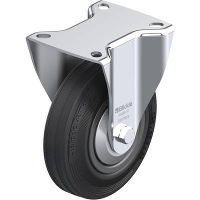 Metalen stuurwiel met zwart rubberen wiel, gemarkeerd 'Blickle made in Germany'. Geschikt voor gebruik in industriële omgevingen.