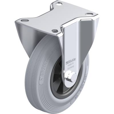 Industriële rol met metalen zwenkbehuizing en grijs wiel. Tekst op de behuizing: 'Blickle made in Germany'.