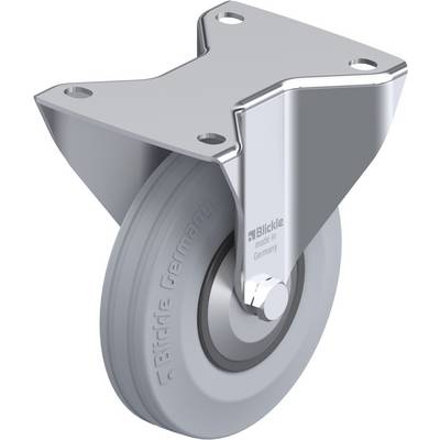 Een grijs zwenkwiel met metalen bevestiging. Op de rubberen band staat 'Blickle made in Germany'. Geschikt voor industriële toepassingen.